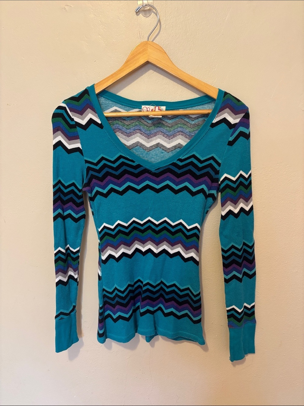 OP Teal Chevron V-Neck Long Sleeve Top with Multicolor Stripes